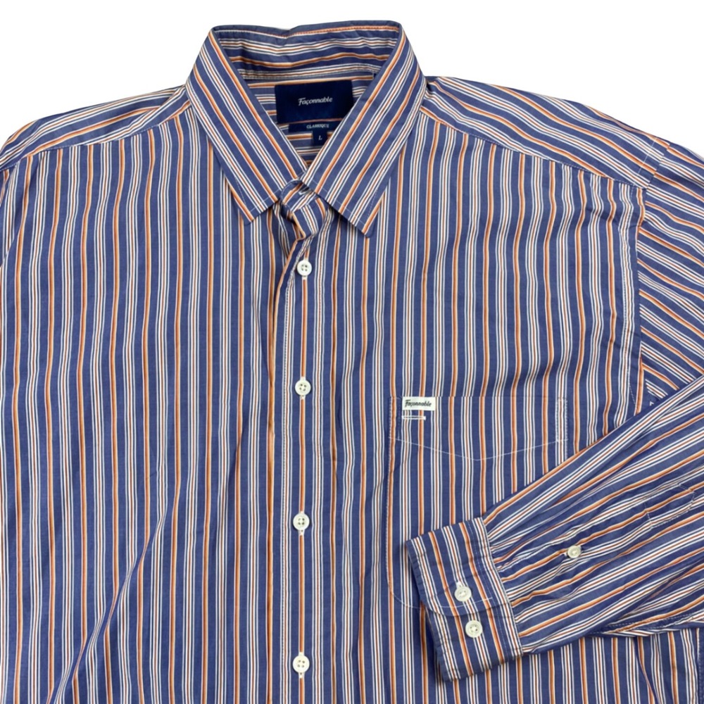 Faconnable Classique Mens Large Blue Orange Stripe Long Sleeve Cotton Shirt